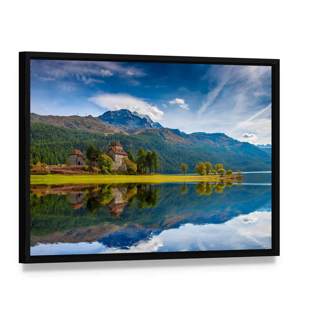 Da Sass Castle on Lake Silvaplana Canvas Wall Art, framed canvas in a black floater frame, angled product view