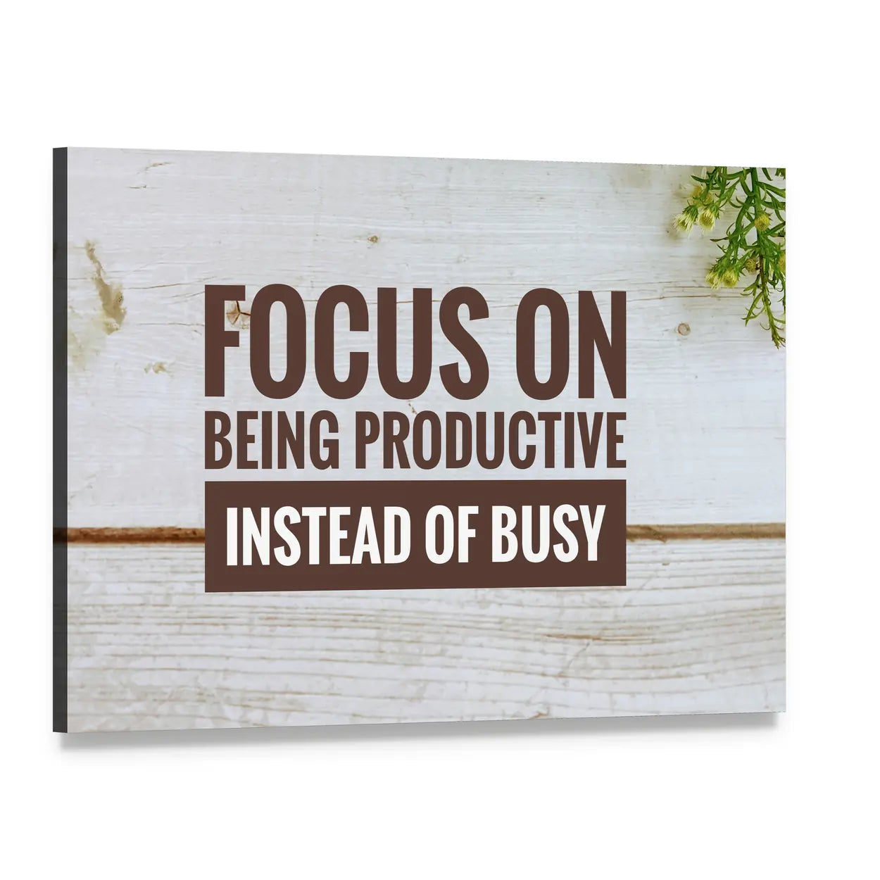 Focus on Being Productive Quote on Wood Canvas Wall Art, single panel gallery wrapped canvas, angled product view
