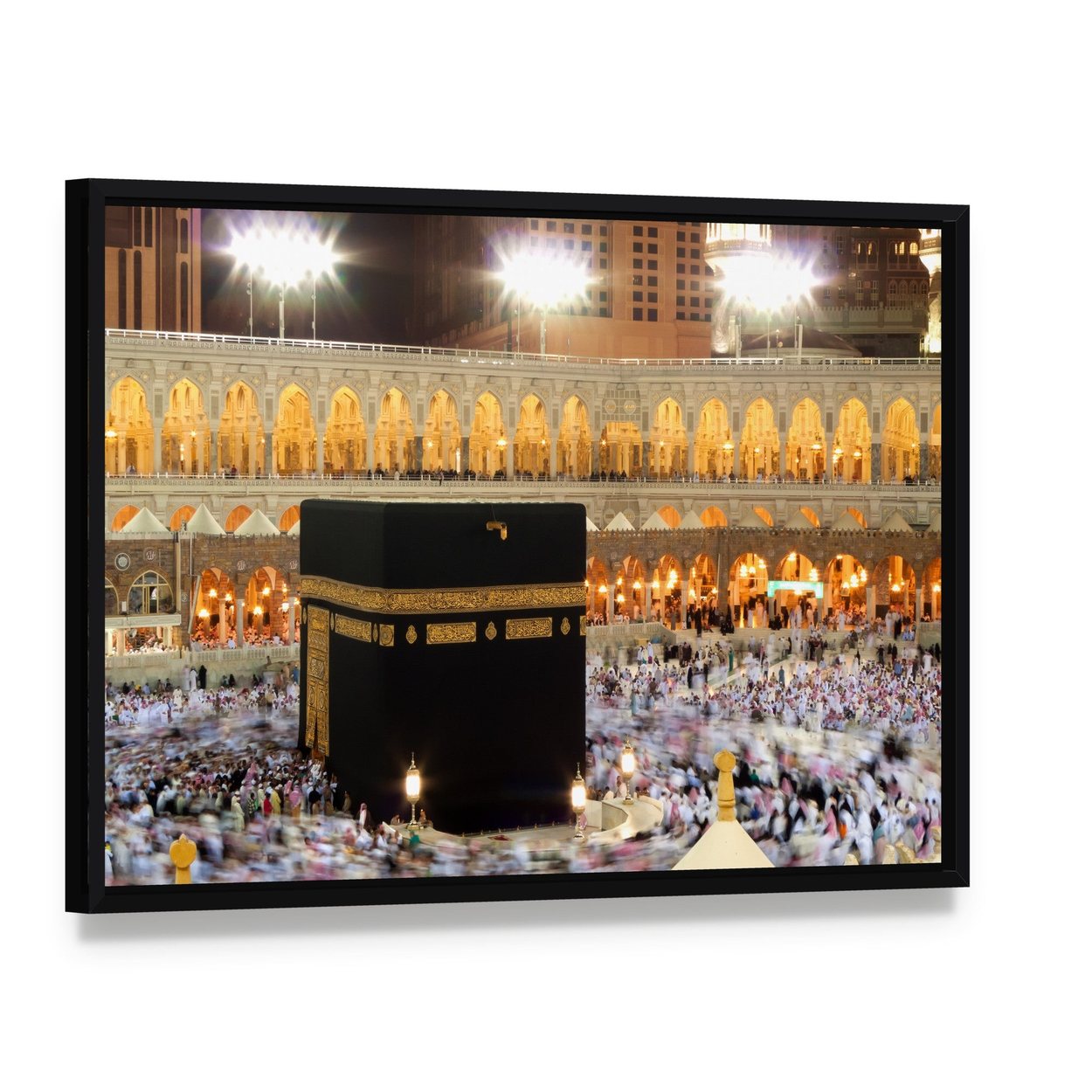Holy Kaaba in Mecca Canvas Wall Art, framed canvas in a black floater frame, angled product view