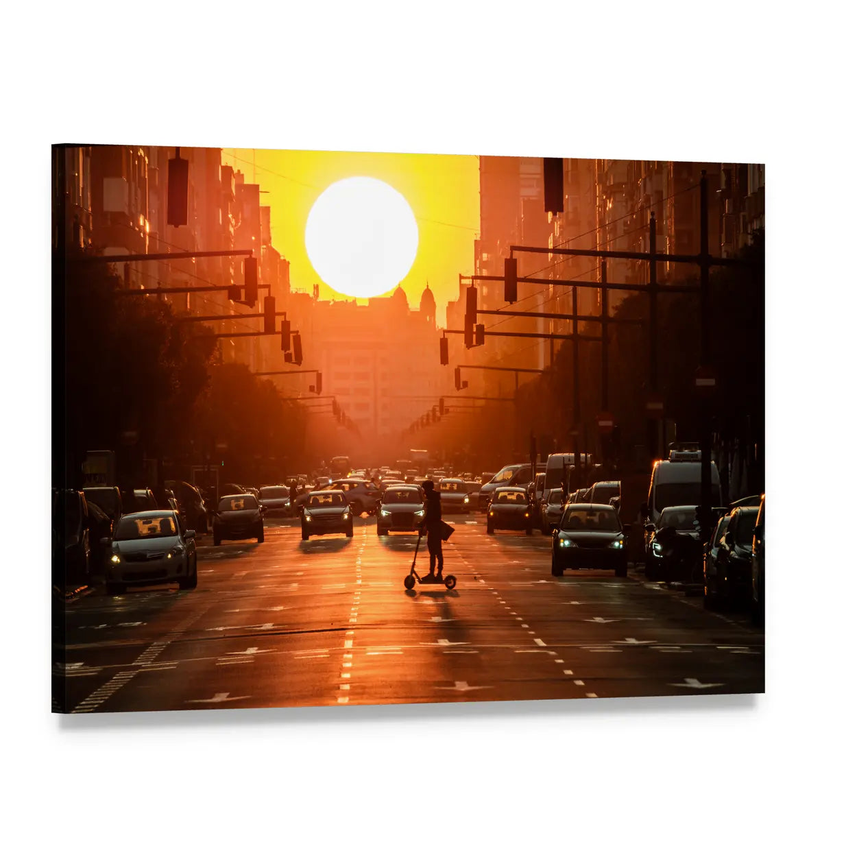 Sunset City Street with Scooter Canvas Wall Art, single panel gallery wrapped canvas, angled product view