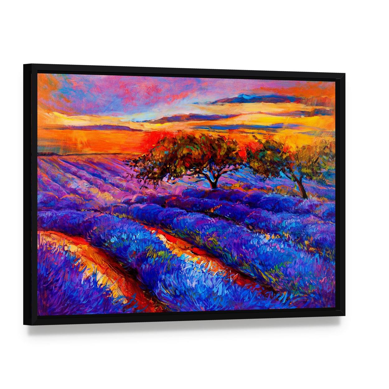 Lavender Fields Oil Painting Canvas Wall Art, framed canvas in a black floater frame, angled product view