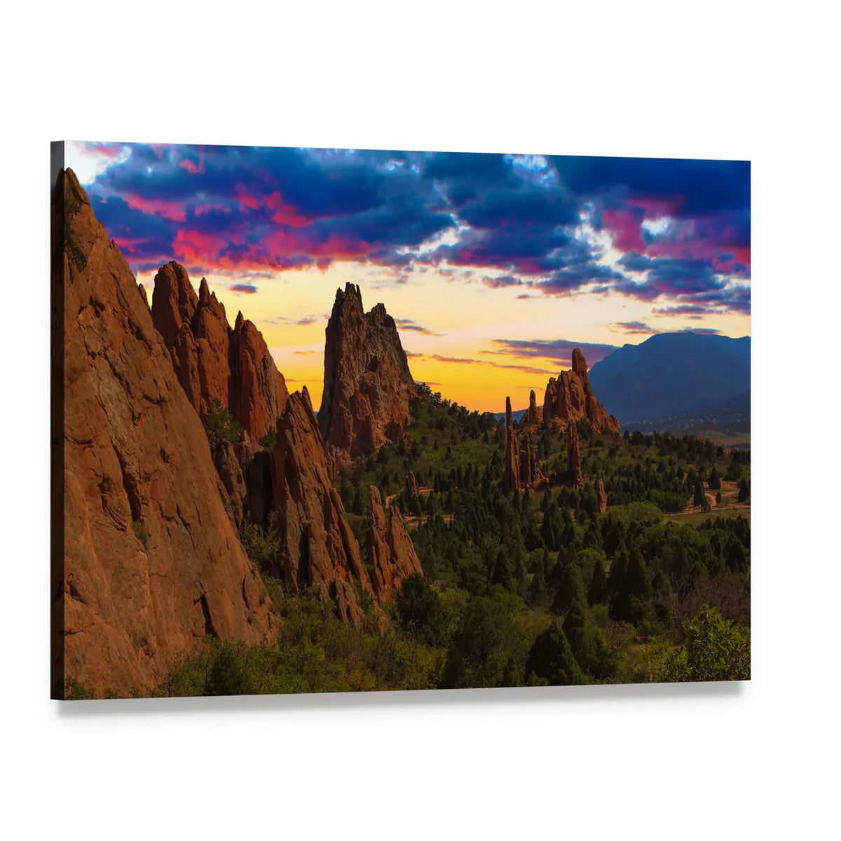 Garden of Gods Rock Formations at Sunset Canvas Wall Art, single panel gallery wrapped canvas, angled product view