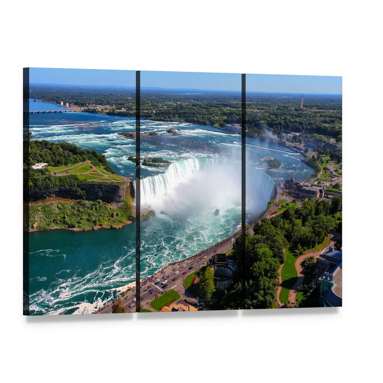 Horseshoe Falls Aerial View Canvas Wall Art, 3 panel 3 Horizontal layout gallery wrapped canvas set, angled product view