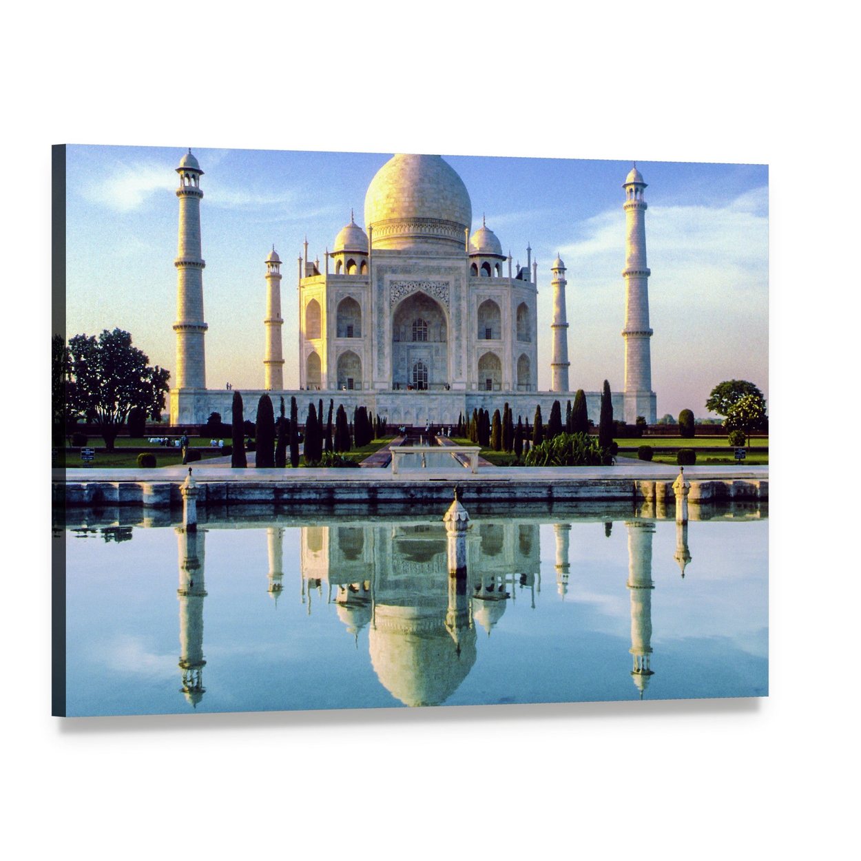 Taj Mahal in Early Morning Canvas Wall Art, single panel gallery wrapped canvas, angled product view
