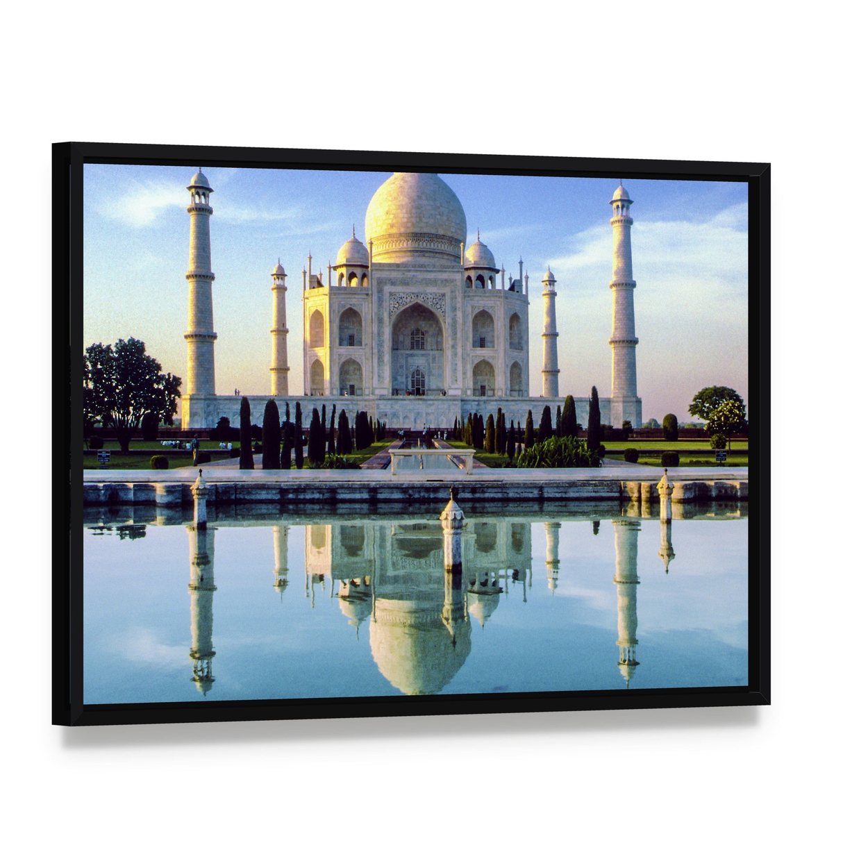 Taj Mahal in Early Morning Canvas Wall Art, framed canvas in a black floater frame, angled product view