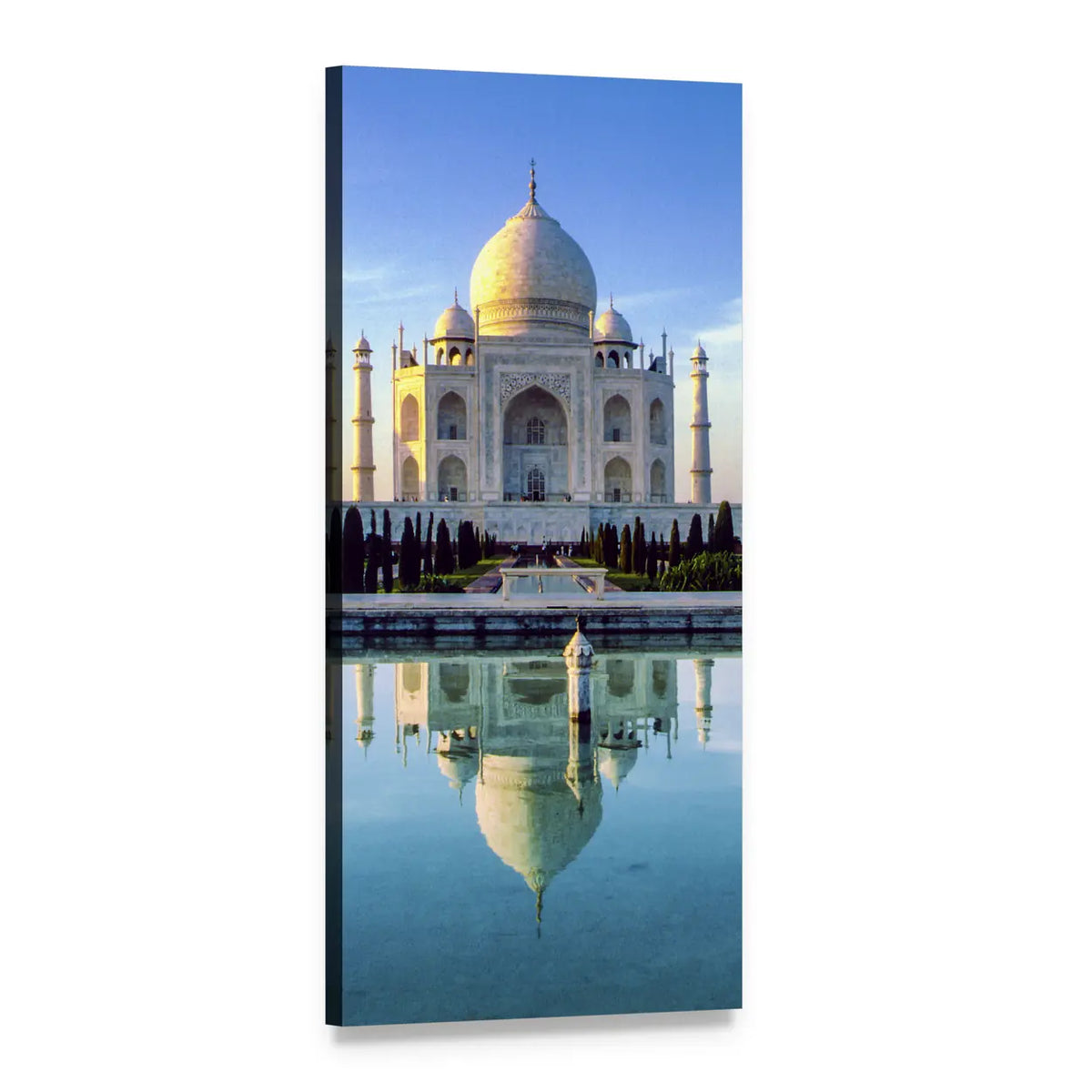 Taj Mahal Morning Reflection Vertical Canvas Wall Art, 1 panel 1 Vertical layout gallery wrapped canvas set, angled product view