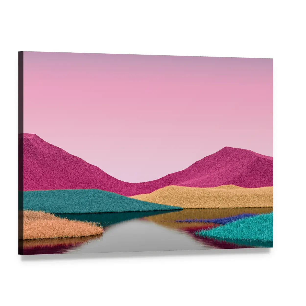 Surreal Pink Mountains with Reflective Lake Canvas Wall Art, single panel gallery wrapped canvas, angled product view