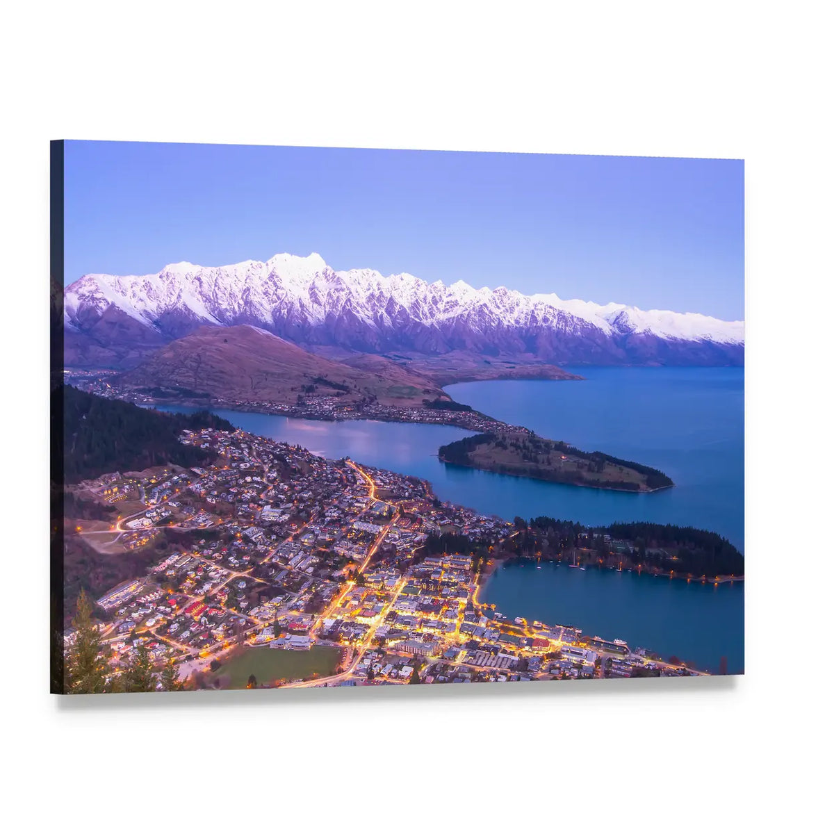 Queenstown Lake at Dusk Canvas Wall Art, single panel gallery wrapped canvas, angled product view