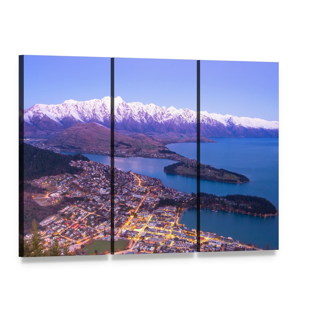 Aerial View of Queenstown Lake Canvas Wall Art, 3 panel 3 Horizontal layout gallery wrapped canvas set, angled product view