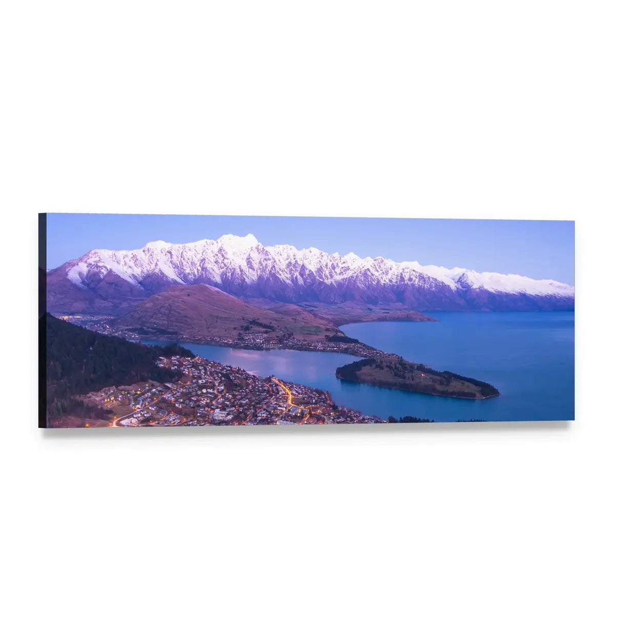 Queenstown Lake and Snow-capped Peaks Panoramic Canvas Wall Art, single panel gallery wrapped canvas, angled product view
