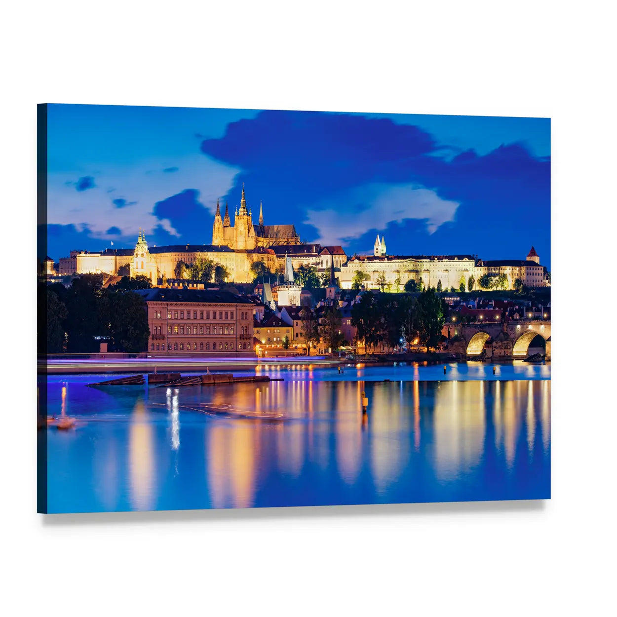 Prague Castle at Night Canvas Wall Art, single panel gallery wrapped canvas, angled product view