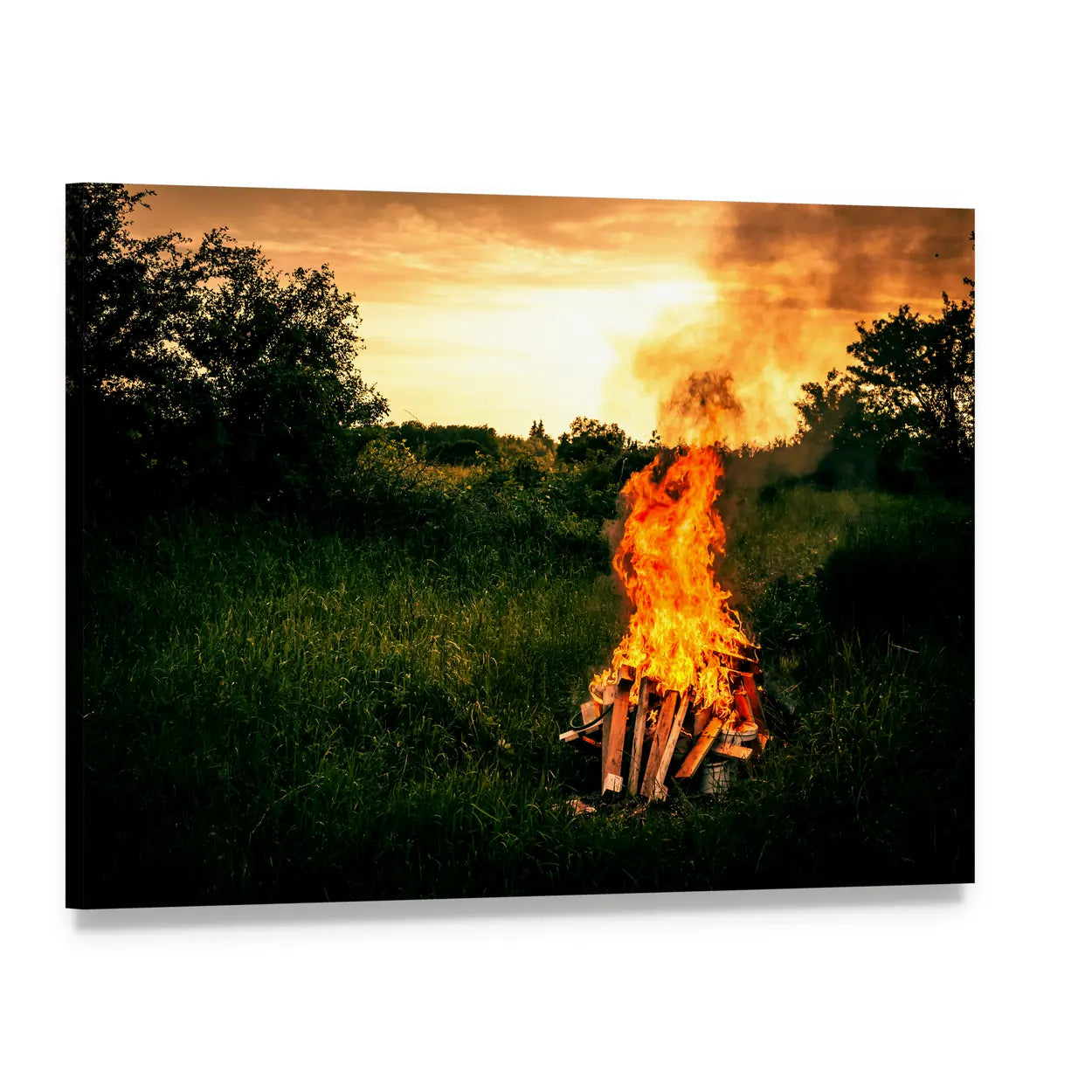 Bonfire at Camp Canvas Wall Art, single panel gallery wrapped canvas, angled product view