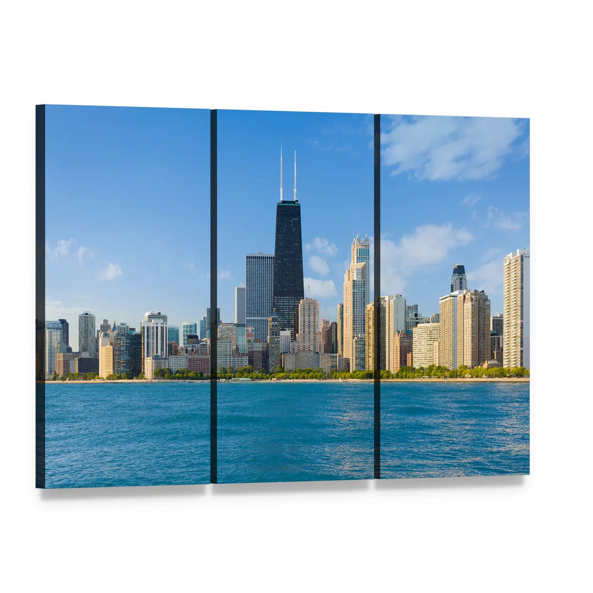 Chicago Skyline with John Hancock Center Canvas Wall Art, 3 panel 3 Horizontal layout gallery wrapped canvas set, angled product view