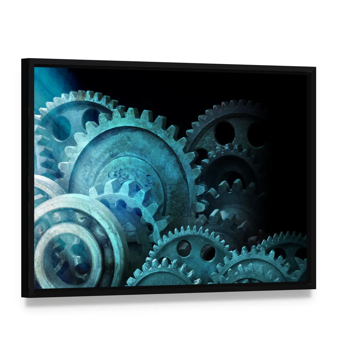 Industrial Cogs Gears Canvas Wall Art, framed canvas in a black floater frame, angled product view