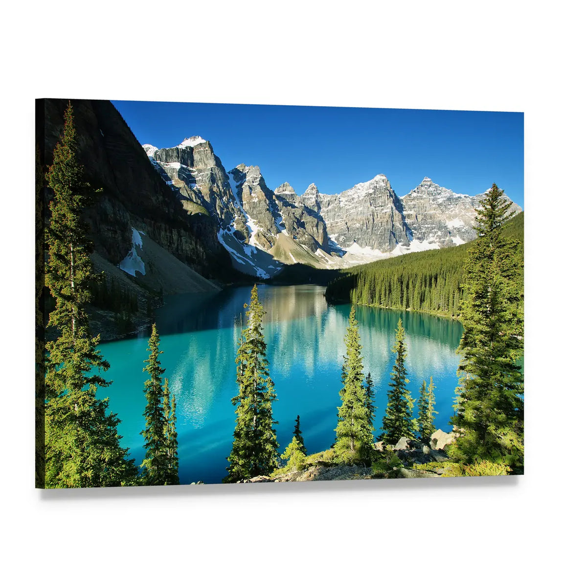 Lake Moraine Turquoise Mountain Reflections Canvas Wall Art, single panel gallery wrapped canvas, angled product view