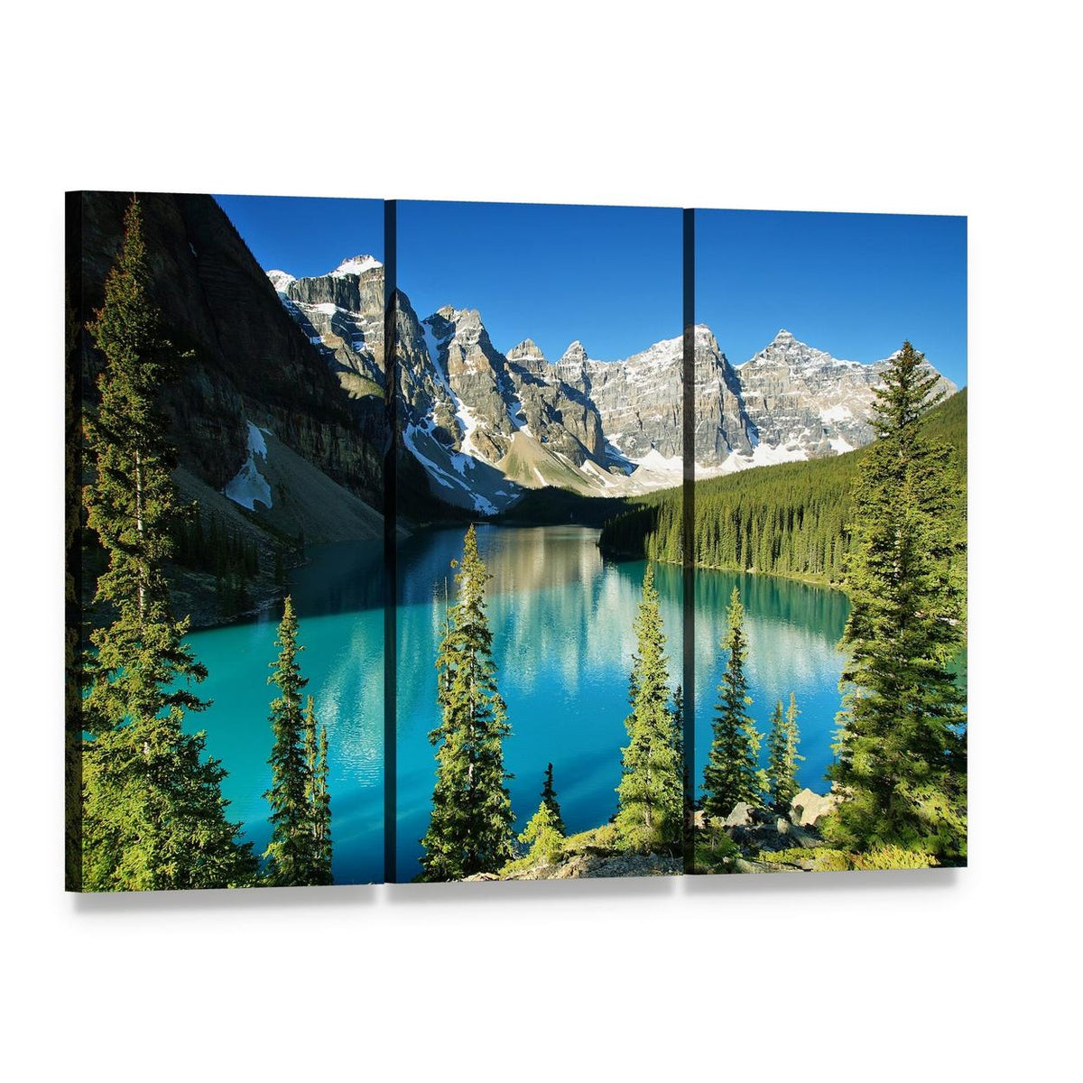 Moraine Lake Surroundings Canvas Wall Art, 3 panel 3 Horizontal layout gallery wrapped canvas set, angled product view