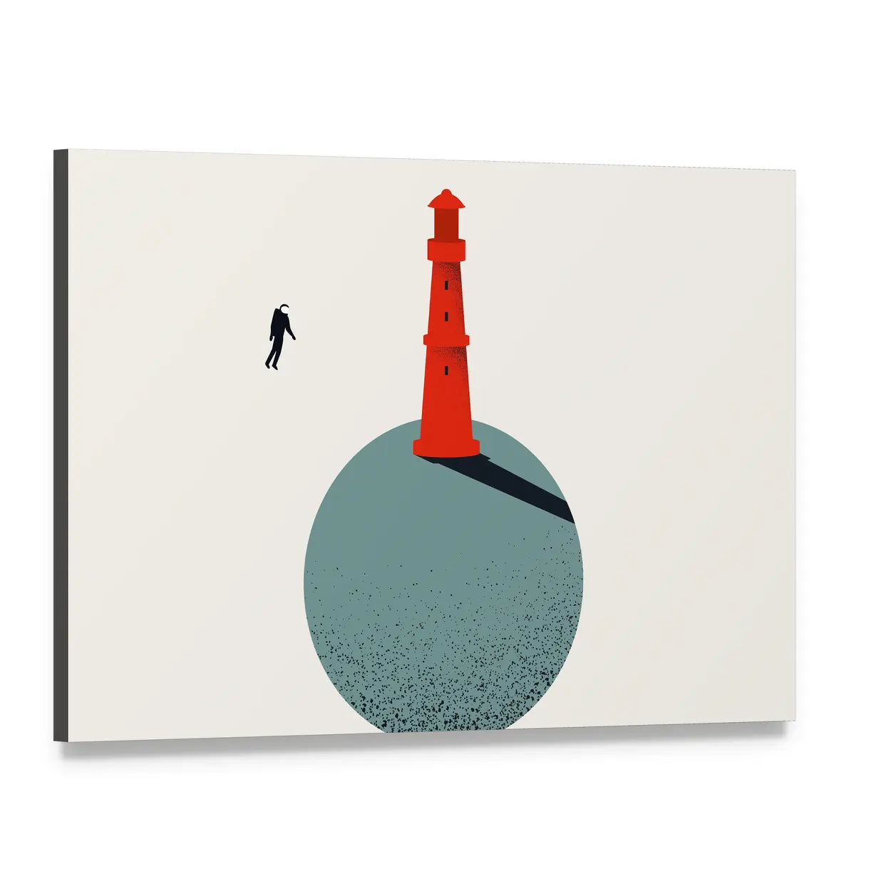 Red Lighthouse with Floating Astronaut Canvas Wall Art, single panel gallery wrapped canvas, angled product view