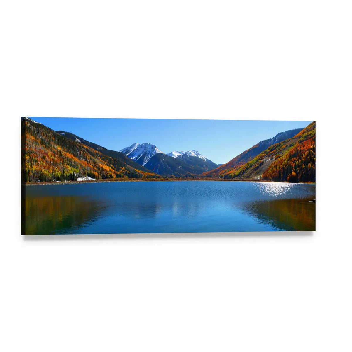 Crystal Lake Colorado Autumn Reflection Panoramic Canvas Wall Art, single panel gallery wrapped canvas, angled product view