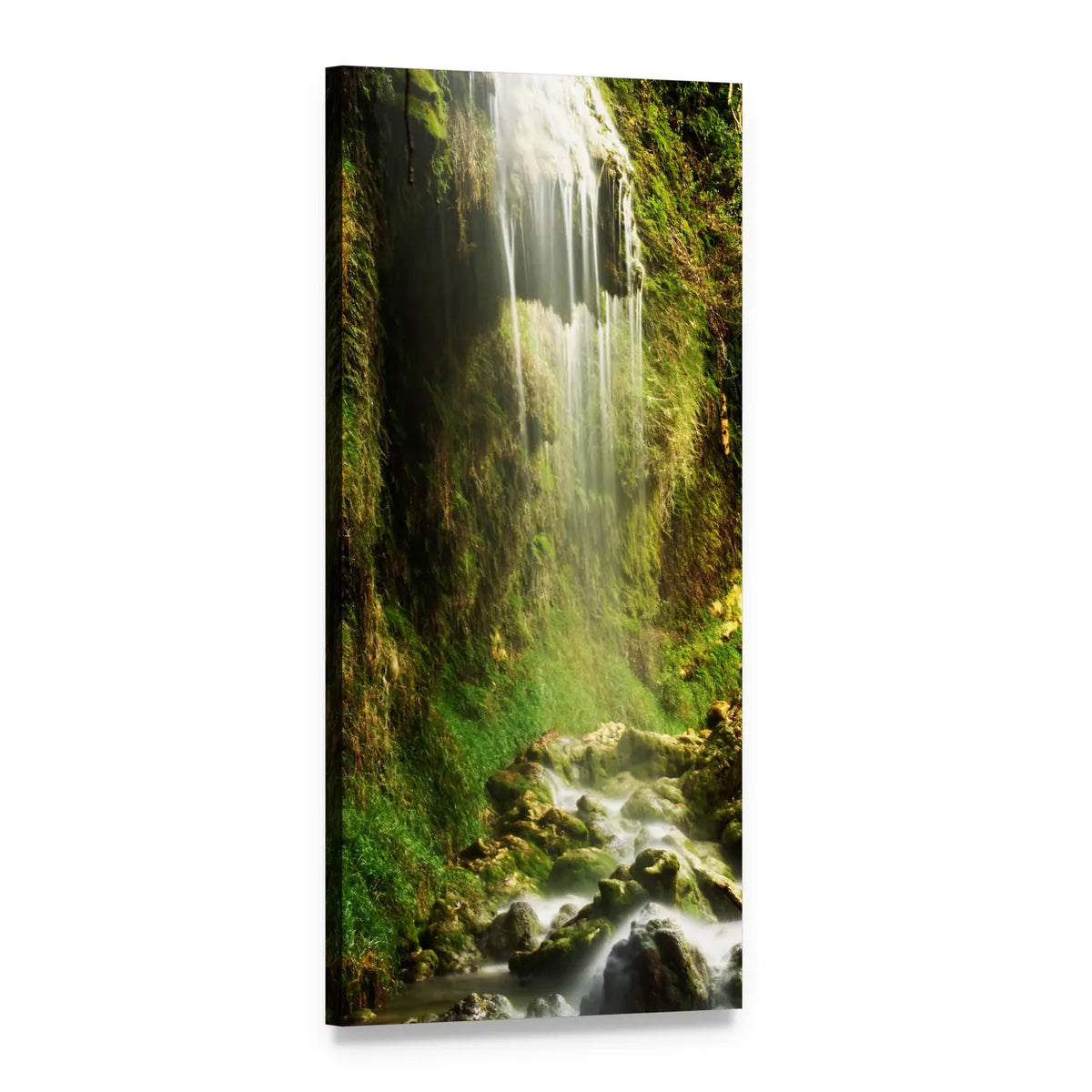 Sunlit Waterfall Among Rocks and Greenery Vertical Canvas Wall Art, 1 panel 1 Vertical layout gallery wrapped canvas set, angled product view