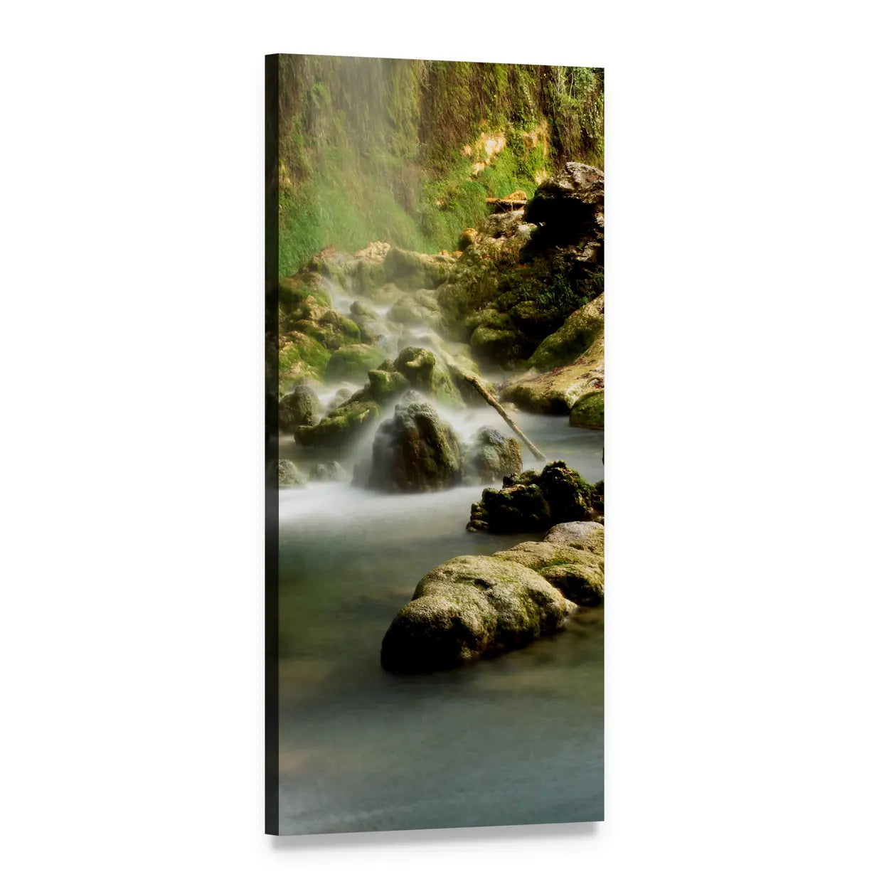 Green Forest Waterfall with Moss-covered Rocks Vertical Canvas Wall Art, 1 panel 1 Vertical layout gallery wrapped canvas set, angled product view