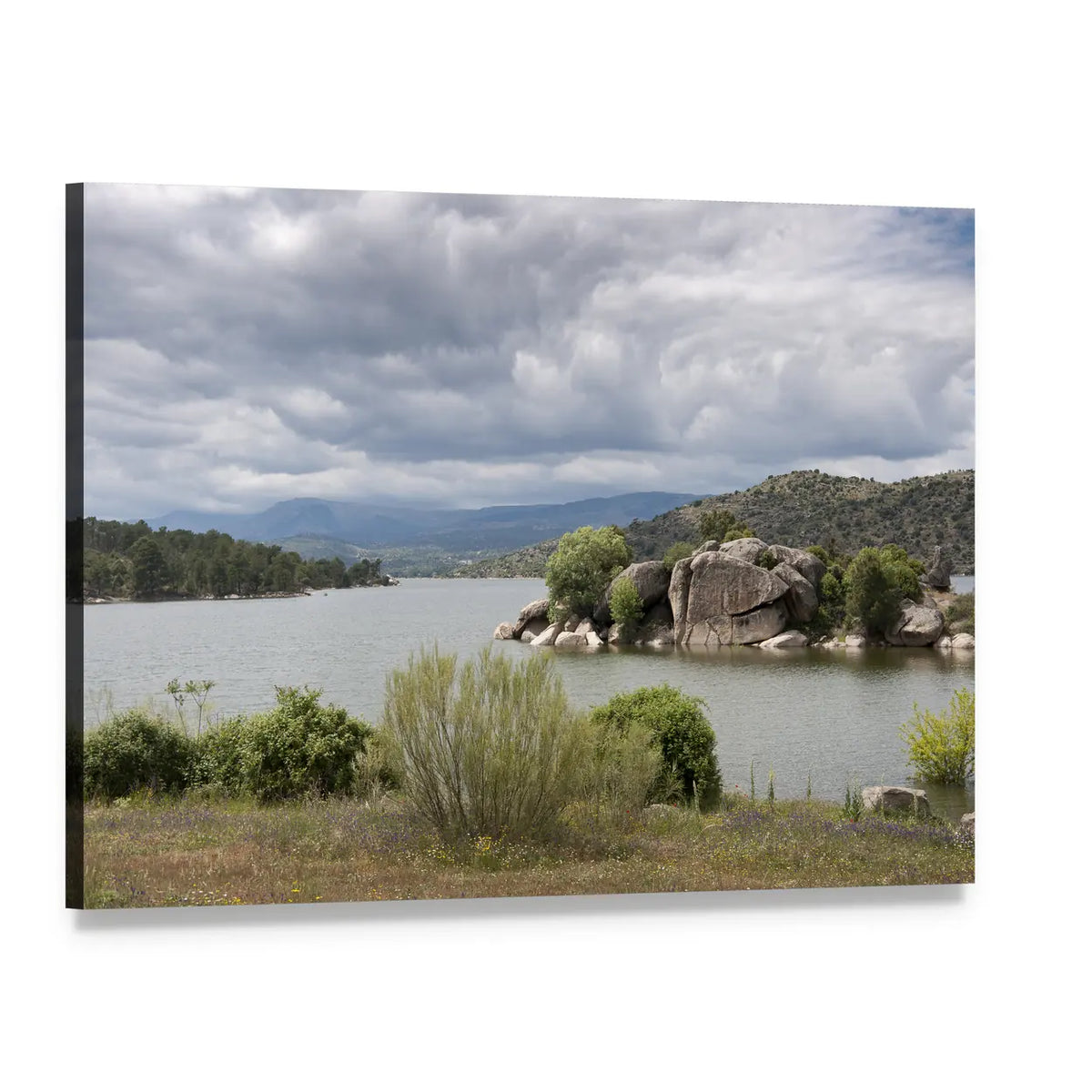 El Burguillo Reservoir Shoreline Canvas Wall Art, single panel gallery wrapped canvas, angled product view