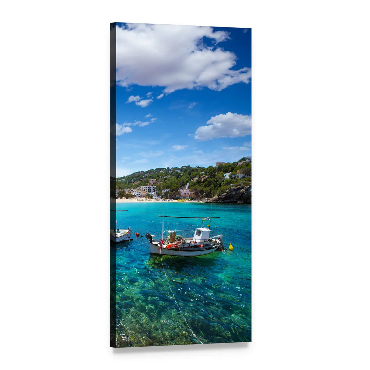 Balearic Islands Turquoise Seaside with White Boat Vertical Canvas Wall Art, 1 panel 1 Vertical layout gallery wrapped canvas set, angled product view