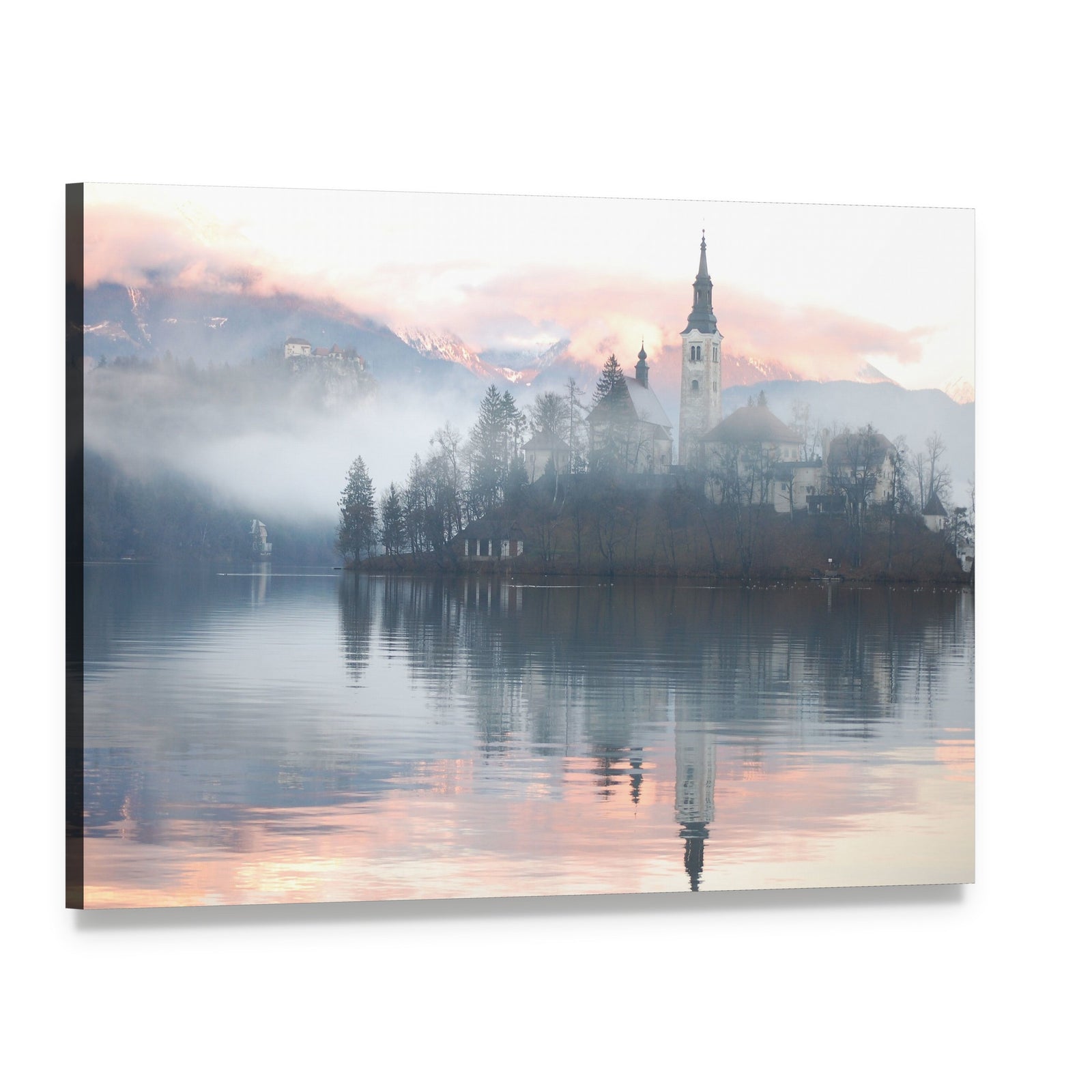 Misty Evening at Bled Lake Canvas Wall Art, single panel gallery wrapped canvas, angled product view