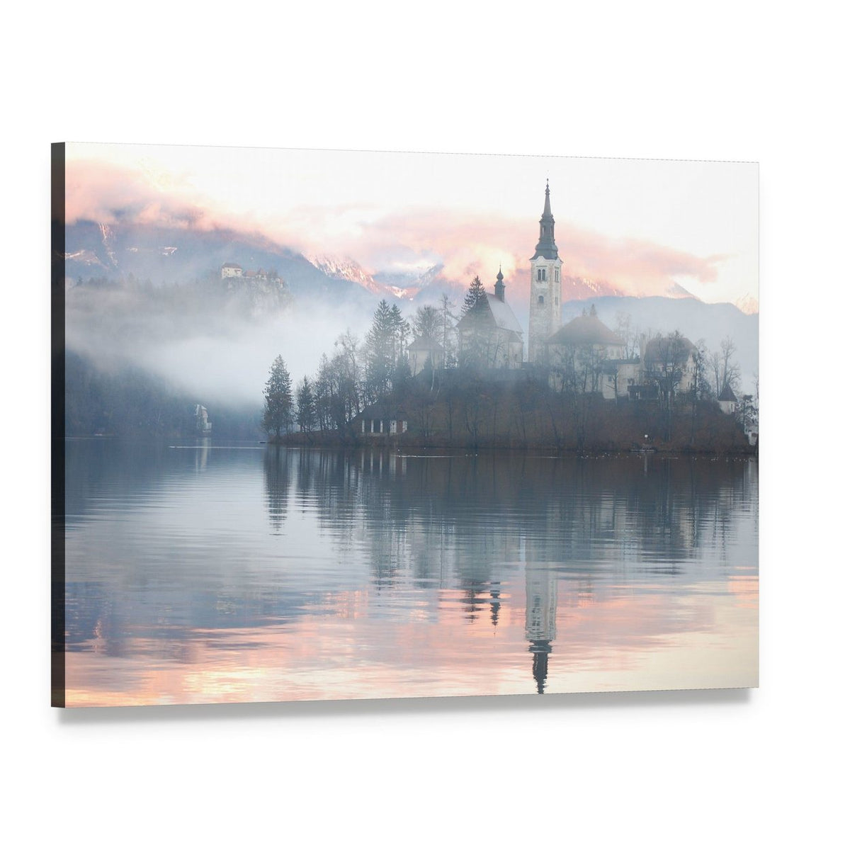 Misty Evening at Bled Lake Canvas Wall Art, single panel gallery wrapped canvas, angled product view
