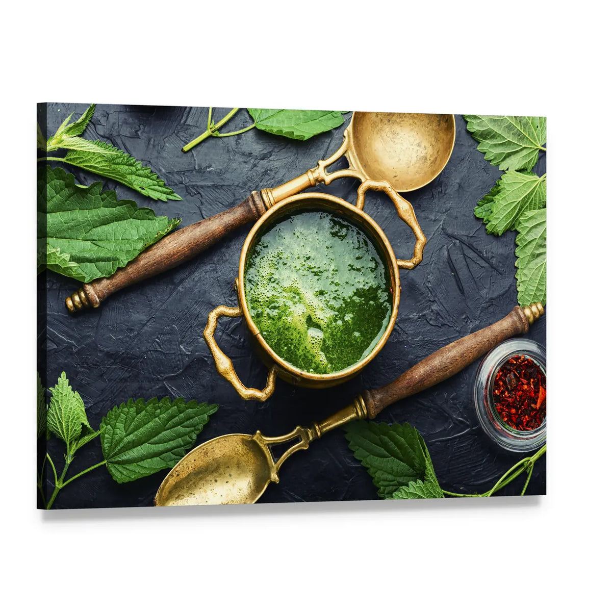 Green Nettle Soup in Brass Pot Canvas Wall Art, single panel gallery wrapped canvas, angled product view