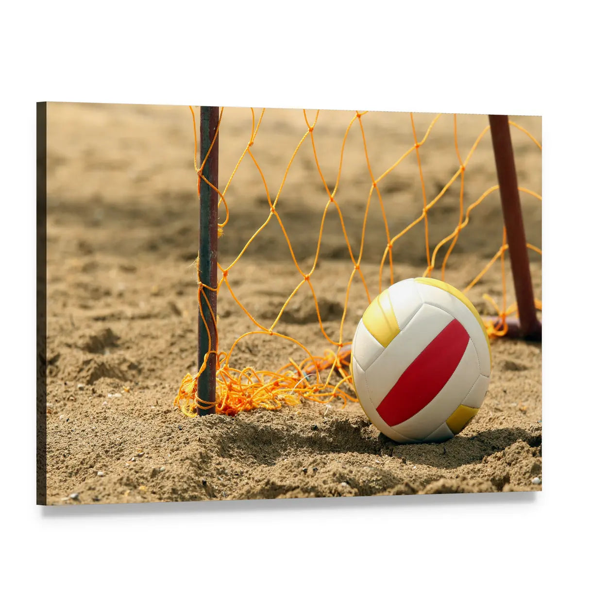 Tri-color Volleyball on Beach Sand Canvas Wall Art, single panel gallery wrapped canvas, angled product view