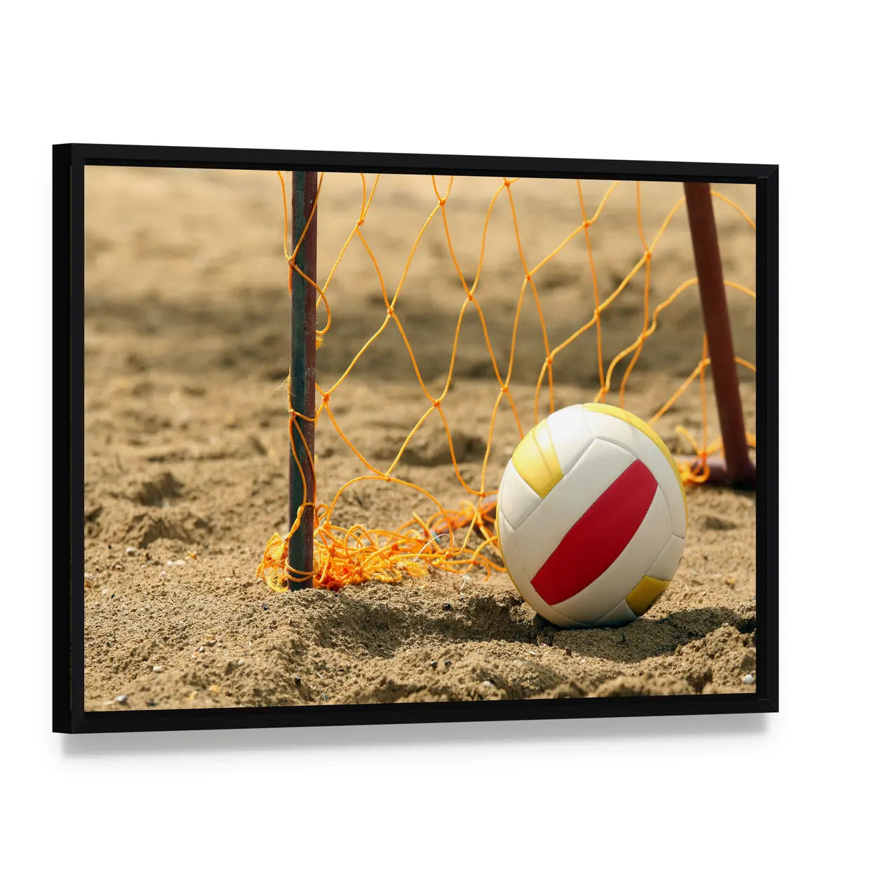Volleyball on Beach Canvas Wall Art, framed canvas in a black floater frame, angled product view