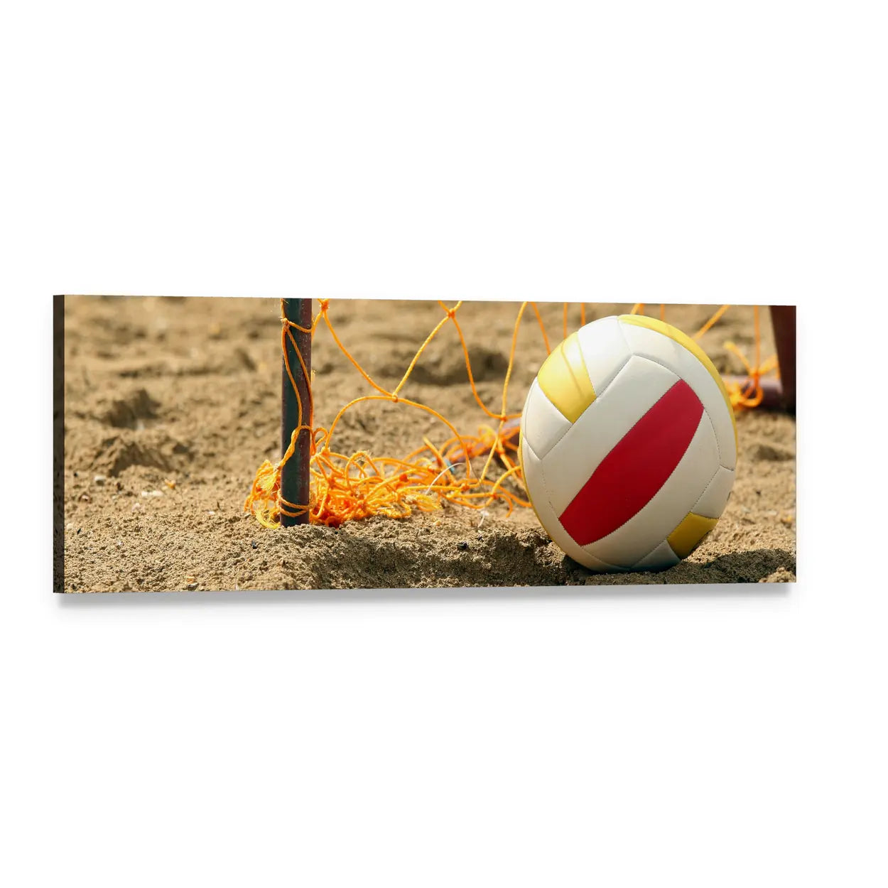 Tricolor Volleyball on Sandy Beach Panoramic Canvas Wall Art, single panel gallery wrapped canvas, angled product view