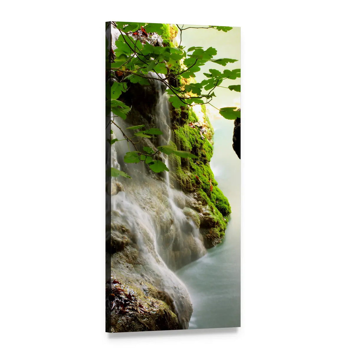 Waterfall and River Landscape Vertical Canvas Wall Art, 1 panel 1 Vertical layout gallery wrapped canvas set, angled product view