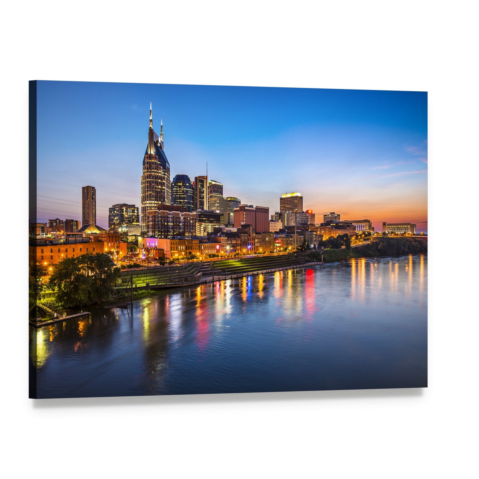 Nashville City Skyline at Sunset Canvas Wall Art, single panel gallery wrapped canvas, angled product view