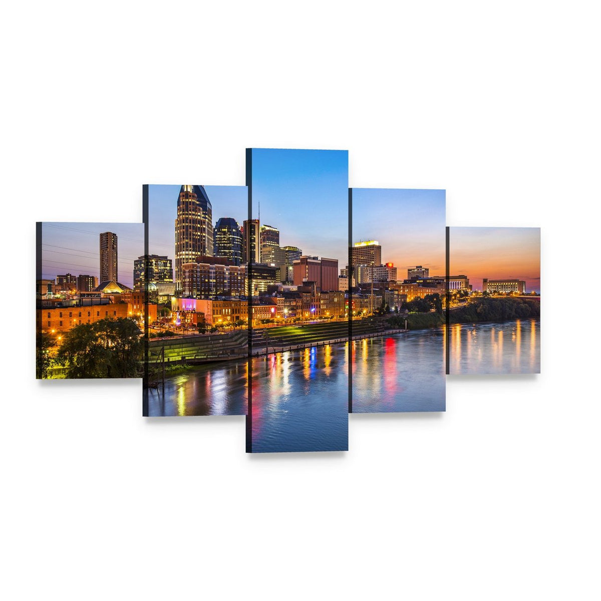 Nashville City Skyline at Sunset Canvas Wall Art, 5 panel 5 Star layout gallery wrapped canvas set, angled product view