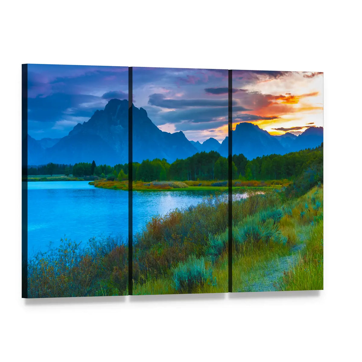 Oxbow Bend Turnout Sunset Landscape Canvas Wall Art, 3 panel 3 Horizontal layout gallery wrapped canvas set, angled product view
