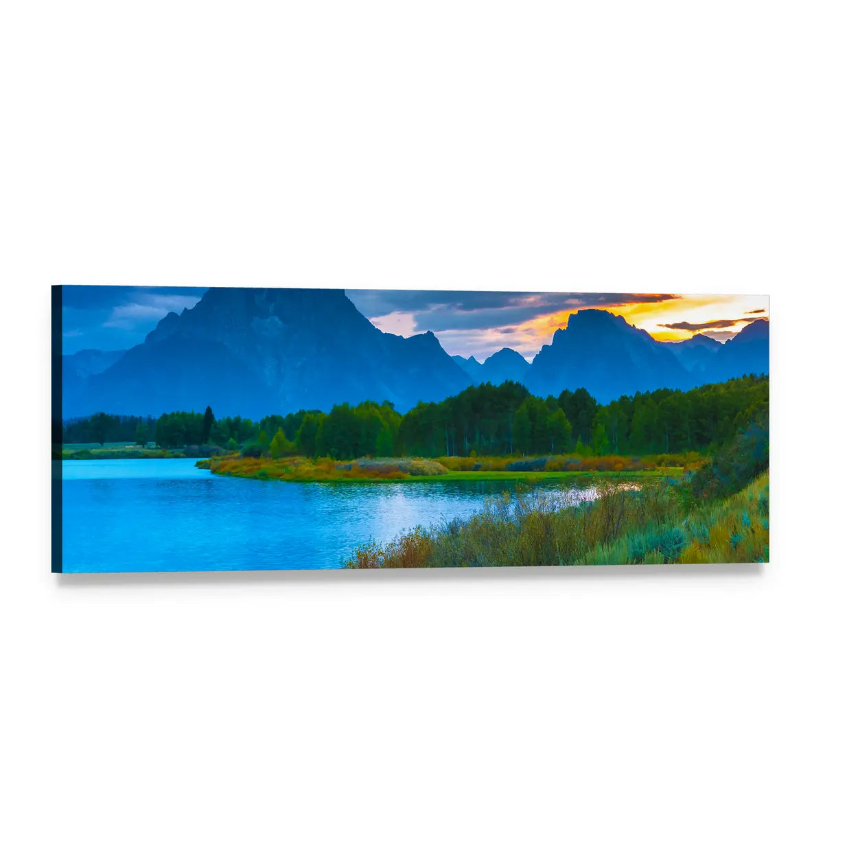 Sunset Over Mountain Lake with Forest Reflection Panoramic Canvas Wall Art, single panel gallery wrapped canvas, angled product view