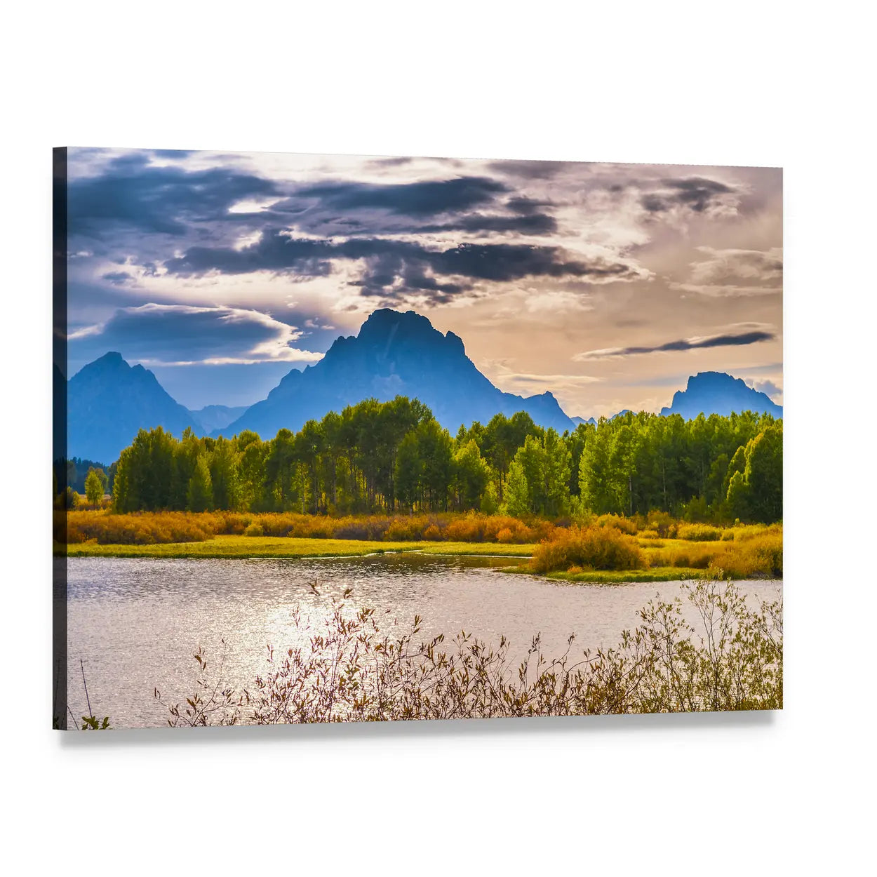 Sunset Over Mountain Lake Canvas Wall Art, single panel gallery wrapped canvas, angled product view