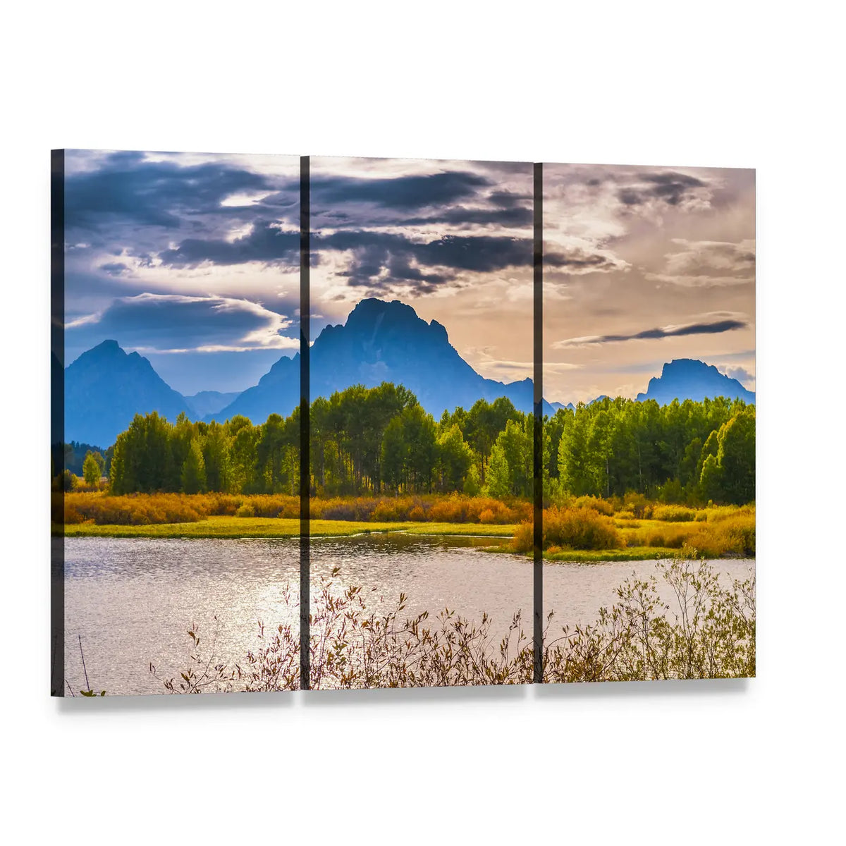 Sunset Over Mountain Lake Canvas Wall Art, 3 panel 3 Horizontal layout gallery wrapped canvas set, angled product view