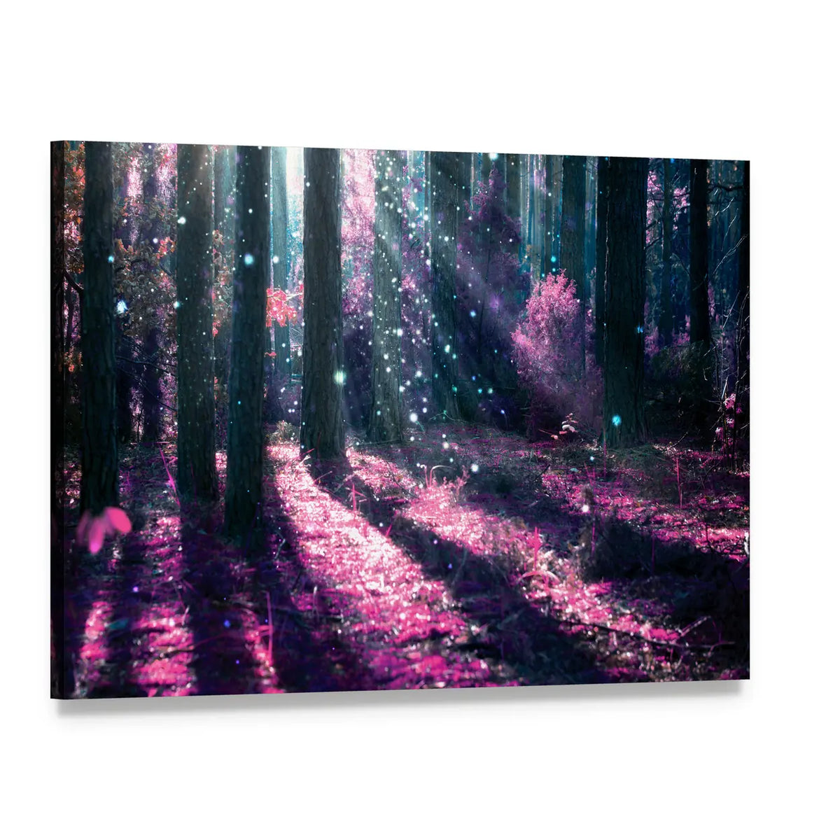 Enchanted Purple Forest with Sunbeams Canvas Wall Art, single panel gallery wrapped canvas, angled product view
