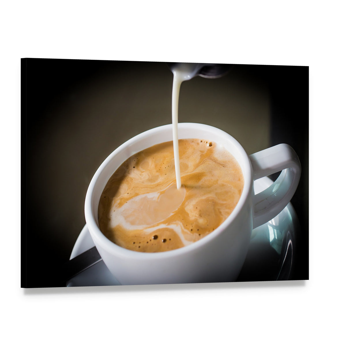 Pouring Cream Into a Cup of Coffee Canvas Wall Art, single panel gallery wrapped canvas, angled product view