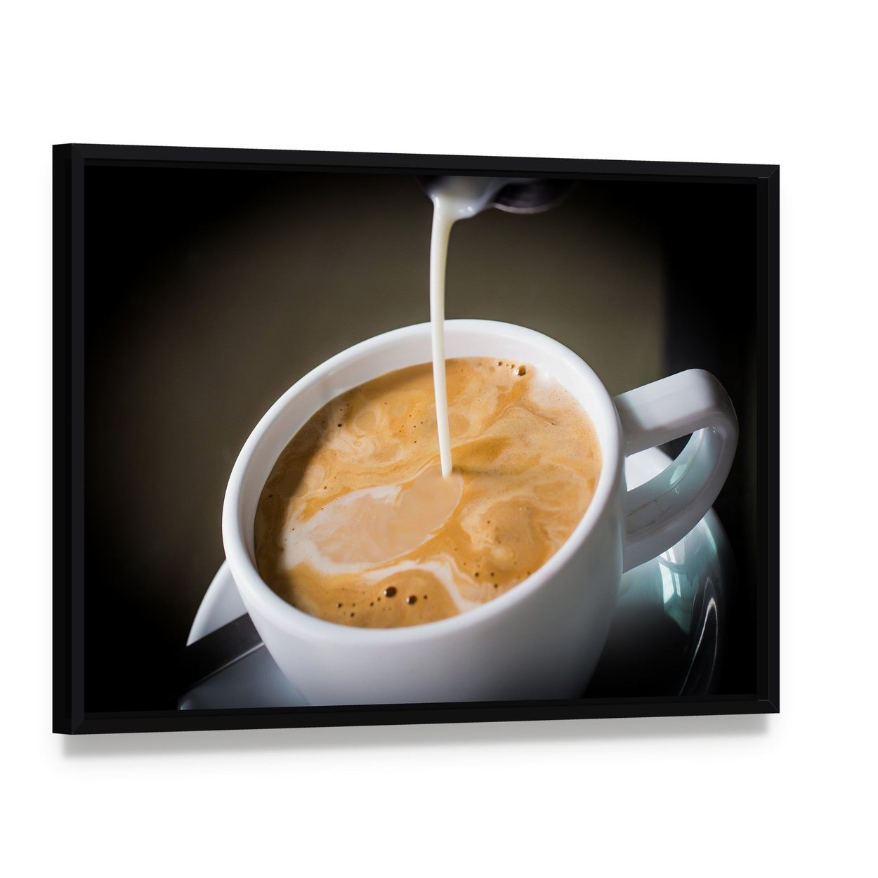 Pouring Cream Into a Cup of Coffee Canvas Wall Art, framed canvas in a black floater frame, angled product view