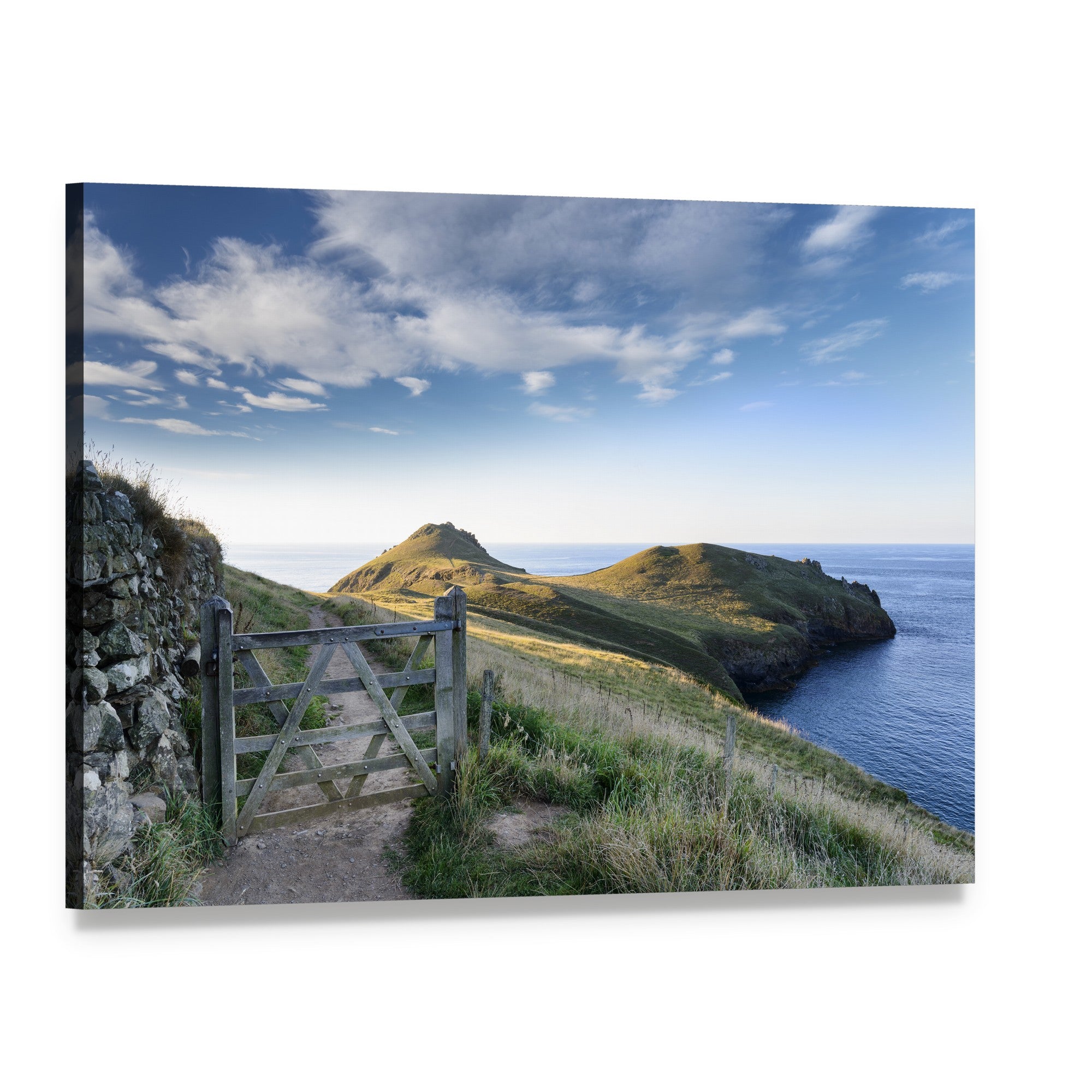 Coastal Path with Wooden Gate Canvas Wall Art, single panel gallery wrapped canvas, angled product view