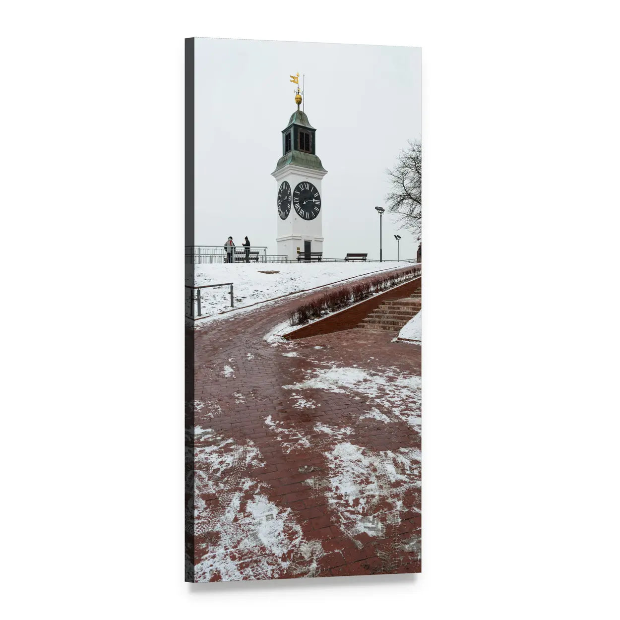 White Clock Tower with Snowy Brick Pathway Vertical Canvas Wall Art, 1 panel 1 Vertical layout gallery wrapped canvas set, angled product view