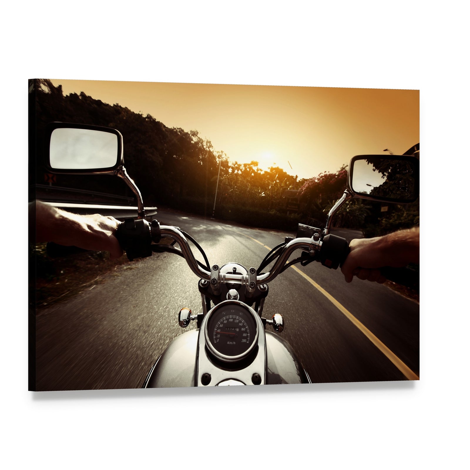 Driver Riding Motorcycle Canvas Wall Art, single panel gallery wrapped canvas, angled product view