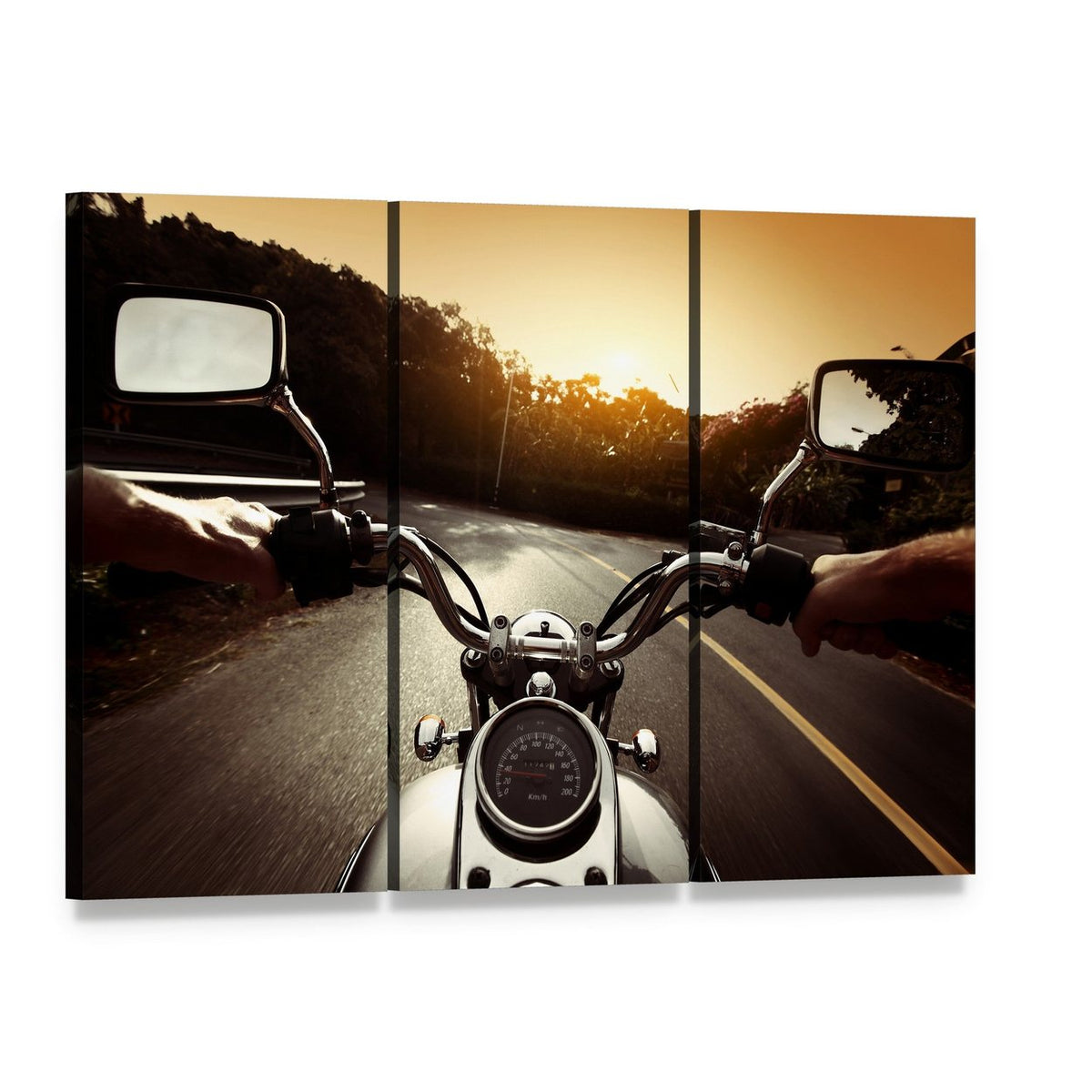 Driver Riding Motorcycle Canvas Wall Art, 3 panel 3 Horizontal layout gallery wrapped canvas set, angled product view