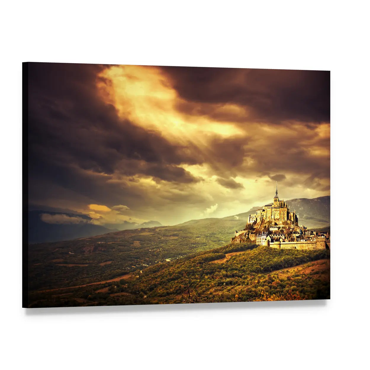 Medieval Castle on Hill at Sunset Canvas Wall Art, single panel gallery wrapped canvas, angled product view
