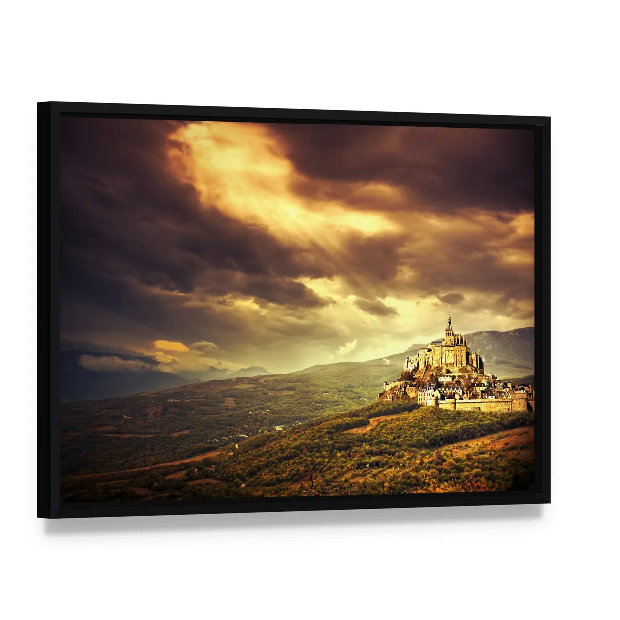 Medieval Castle on Hill at Sunset Canvas Wall Art, framed canvas in a black floater frame, angled product view