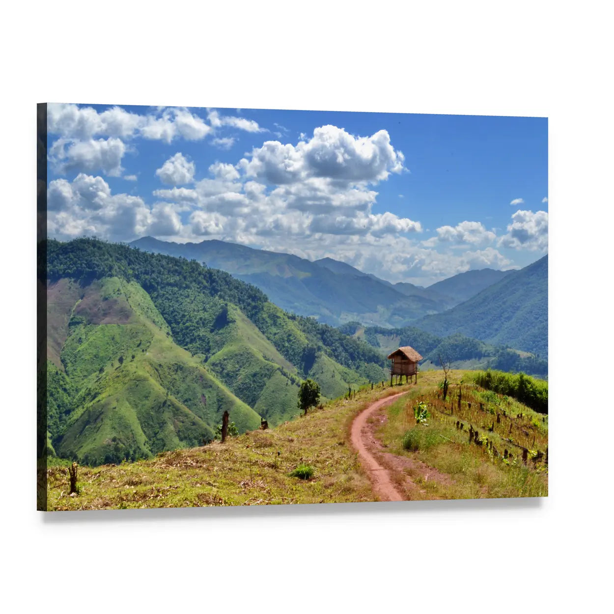 Winding Dirt Road to Small Wooden Hut Canvas Wall Art, single panel gallery wrapped canvas, angled product view