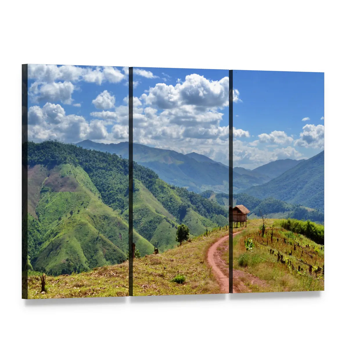 Winding Dirt Road to Small Wooden Hut Canvas Wall Art, 3 panel 3 Horizontal layout gallery wrapped canvas set, angled product view